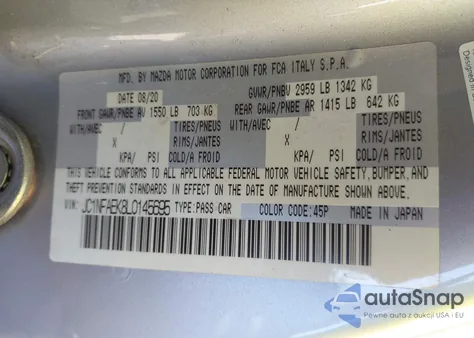 2020 Fiat 124 Spider Classica from USA, damaged, VIN JC1NFAEK8L0145695